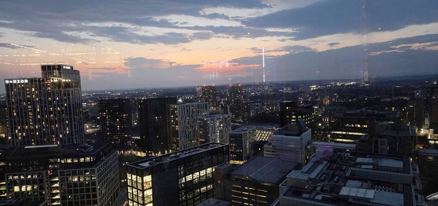 Manchester city centre at dusk, from above
