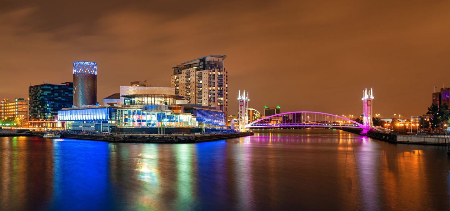Salford Quays at night — the Lowry and the Millennium Bridge